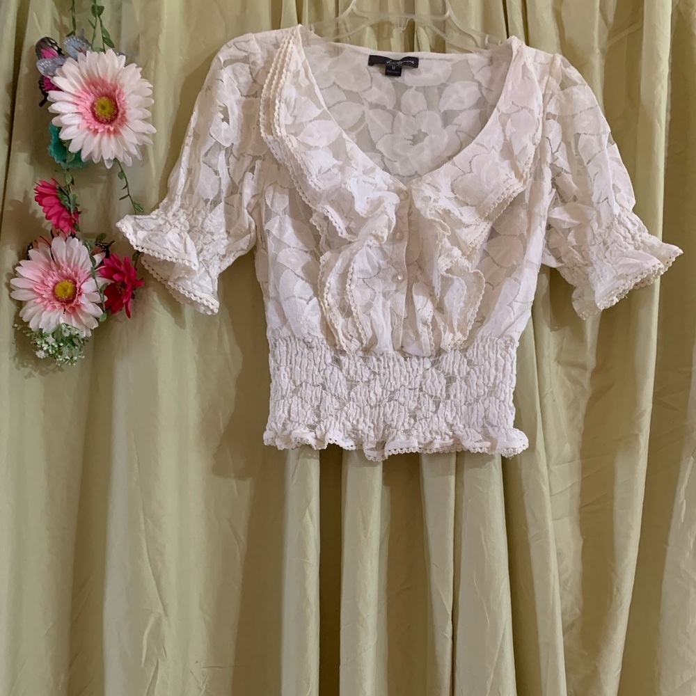 Forever 21 White Ruffled Smocked Blouse Short Sleeve